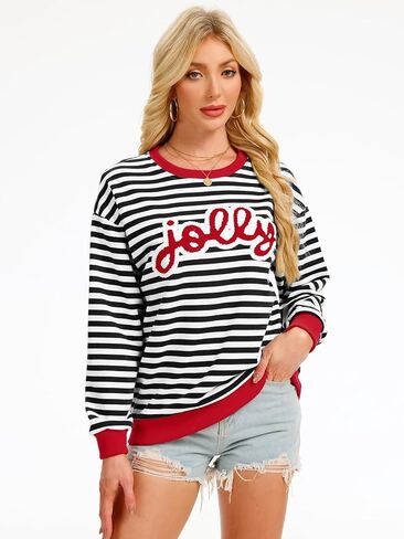 Arssm Women Christmas Sweatshirts Jolly and Merry Patch Crewneck Xmas Long Sleeve Pullover Top in Kuwait