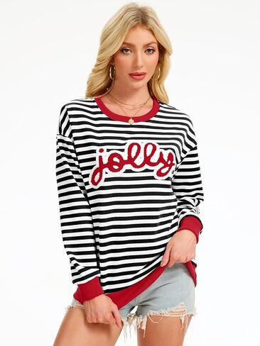 Arssm Women Christmas Sweatshirts Jolly and Merry Patch Crewneck Xmas Long Sleeve Pullover Top in Kuwait