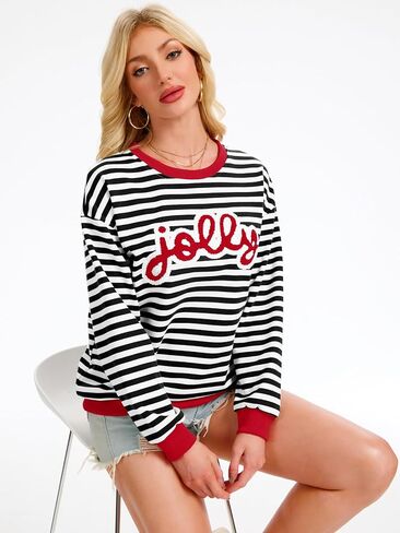 Arssm Women Christmas Sweatshirts Jolly and Merry Patch Crewneck Xmas Long Sleeve Pullover Top in Kuwait