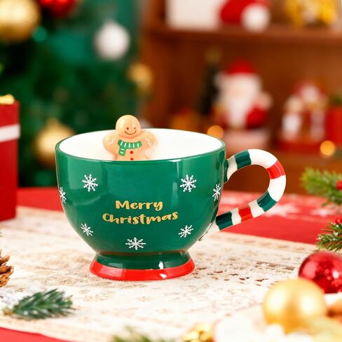 Gingerbread Mug, 16 oz Ceramic Christmas Cup Cute Christmas Gift for Coffee, Tea, Hot Chocolate, Water, Microwave & Dishwasher Safe (Green) in Saudi Arabia