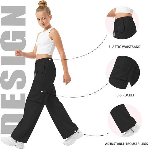 SANGTREE Girls & Women's Parachute Cargo Pants Y2K Waterproof Pants with Elastic Waist, Quick-Dry Outdoor Pants, 6 Years-2XL in Saudi Arabia