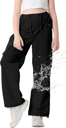 SANGTREE Girls & Women's Parachute Cargo Pants Y2K Waterproof Pants with Elastic Waist, Quick-Dry Outdoor Pants, 6 Years-2XL in Saudi Arabia