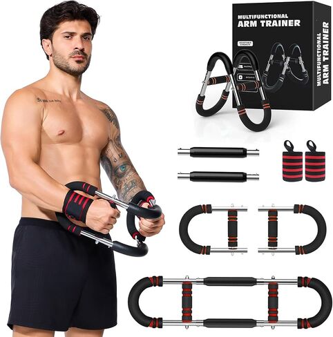 Chest Workout Equipment for Men & Women, 40-150lbs Adjustable Twister Arm Trainer, Chest Shoulder Power Twister Bar, Portable Spring Resistance Home Forearm Strengthener with 2 Pack Wrist Brace (red) in Saudi Arabia