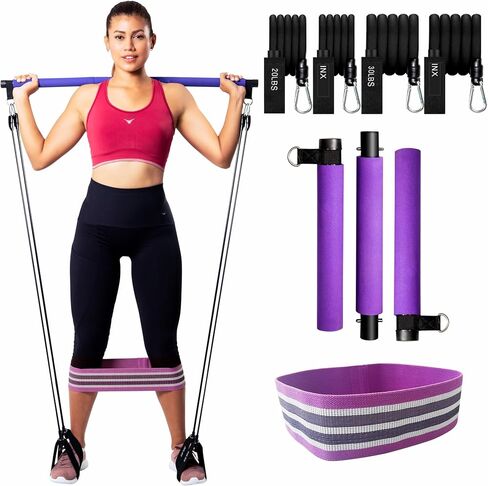 Pilates Bar Kit with Strong Stainless Steel Bar, 4 Black Latex Resistance Bands and Foot Straps, Portable & Detachable for Home Workout & Physical Therapy in Saudi Arabia