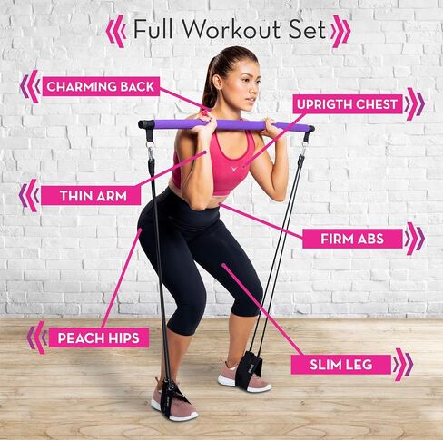 Pilates Bar Kit with Strong Stainless Steel Bar, 4 Black Latex Resistance Bands and Foot Straps, Portable & Detachable for Home Workout & Physical Therapy in Saudi Arabia