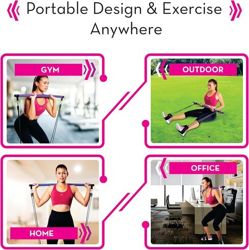 Pilates Bar Kit with Strong Stainless Steel Bar, 4 Black Latex Resistance Bands and Foot Straps, Portable & Detachable for Home Workout & Physical Therapy in Saudi Arabia
