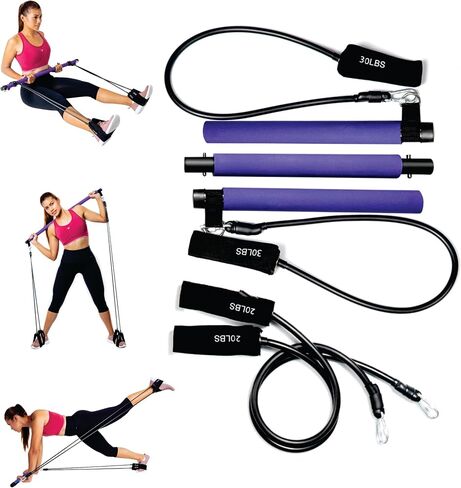 Pilates Bar Kit with Strong Stainless Steel Bar, 4 Black Latex Resistance Bands and Foot Straps, Portable & Detachable for Home Workout & Physical Therapy in Saudi Arabia