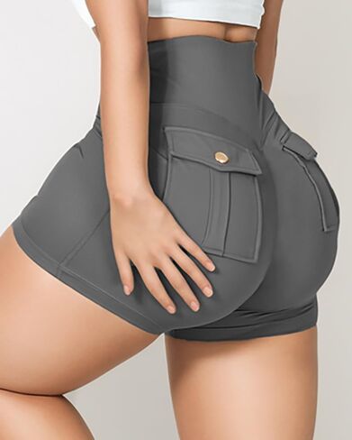 Womens High Waist Ruched Pants with Pockets Metal Button Skinny Stretchy Activewear Tummy Control Casual Shorts in Saudi Arabia