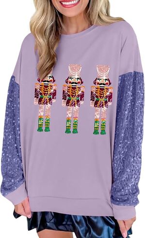 Aonoapll Women Christmas Nutcracker Sweatshirt Sequin Embroidered Oversized Sweater Long Sleeve Pullover Sweatshirts Top in Saudi Arabia