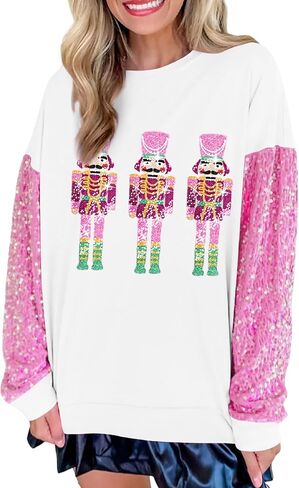 Aonoapll Women Christmas Nutcracker Sweatshirt Sequin Embroidered Oversized Sweater Long Sleeve Pullover Sweatshirts Top in Saudi Arabia