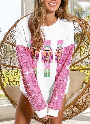 Aonoapll Women Christmas Nutcracker Sweatshirt Sequin Embroidered Oversized Sweater Long Sleeve Pullover Sweatshirts Top in Saudi Arabia