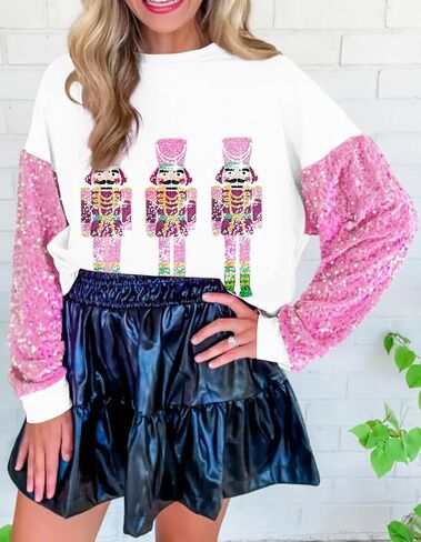 Aonoapll Women Christmas Nutcracker Sweatshirt Sequin Embroidered Oversized Sweater Long Sleeve Pullover Sweatshirts Top in Saudi Arabia