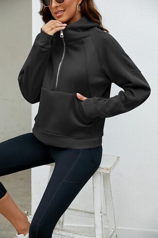 Womens' Sweatshirts Zip Long Sleeve Fleece Crop Pullover Hoodieswith Half Pockets Thumb Hole in Saudi Arabia
