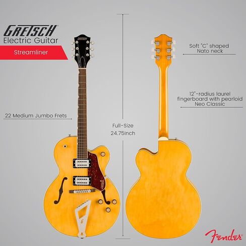 جيتار كهربائي Gretsch G2420 Streamliner مجوف بجسم واحد مع جسم القيقب (قرية العنبر) حزمة مع حافظة Gretsch G2420T Tweed Hard Shell (بني) (2 عنصر) in Saudi Arabia