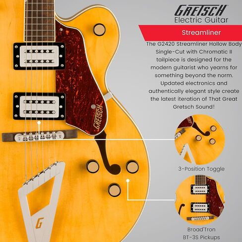 جيتار كهربائي Gretsch G2420 Streamliner مجوف بجسم واحد مع جسم القيقب (قرية العنبر) حزمة مع حافظة Gretsch G2420T Tweed Hard Shell (بني) (2 عنصر) in Saudi Arabia