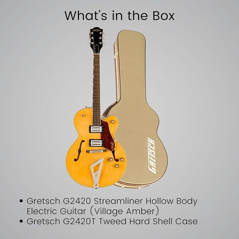 جيتار كهربائي Gretsch G2420 Streamliner مجوف بجسم واحد مع جسم القيقب (قرية العنبر) حزمة مع حافظة Gretsch G2420T Tweed Hard Shell (بني) (2 عنصر) in Saudi Arabia