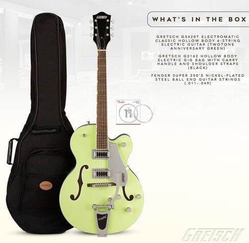 Gretsch G5420T Electromatic Classic Hollow Body Single Cut with Bigsby Two Tone Anniversary Green Electric Guitar Bundle with Gig Bag, and Nickel-Plated Steel Guitar Strings (3 Items) in Saudi Arabia