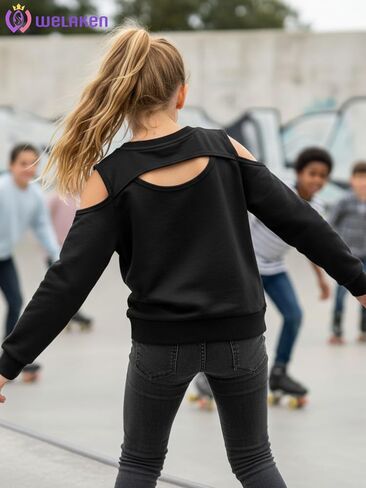 WELAKEN Girls Cropped Sweatshirt Open Back Cold Shoulder Pullover Long Sleeve Top in Saudi Arabia