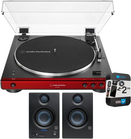 Audio-Technica AT-LP60XBT-RD Fully Automatic Belt-Drive Bluetooth Stereo Turntable, Red/Black Bundle with PreSonus Eris 3.5BT Powered Bluetooth Studio Monitors and 2 YR CPS Enhanced Protection Pack in Saudi Arabia