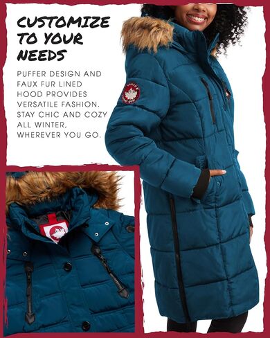 معطف طويل منتفخ للنساء من CANADA WEATHER GEAR - جاكيت ثقيل الوزن مقاوم للماء والرياح من الفرو الصناعي سترة شتوية للنساء، مقاس متوسط، طاووس in Kuwait