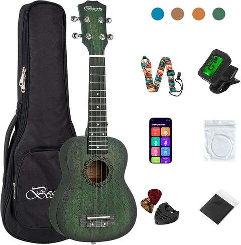 Soprano Ukulele Beginner Mahogany Kids and Adult Student Travel Wooden Ukelele Kit with Tuner Gig Bag Strap Carbon Nylon String Picks Cloth Gift Choice (Green, 21) in Saudi Arabia