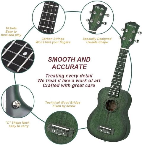 Soprano Ukulele Beginner Mahogany Kids and Adult Student Travel Wooden Ukelele Kit with Tuner Gig Bag Strap Carbon Nylon String Picks Cloth Gift Choice (Green, 21) in Saudi Arabia
