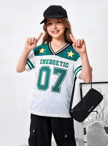 Girl's Jersey Shirts Number Graphic Oversized T-Shirt Boy Short Sleeve V Neck Mesh Tees Kids Sport Jersey in Kuwait