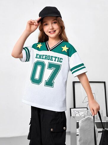Girl's Jersey Shirts Number Graphic Oversized T-Shirt Boy Short Sleeve V Neck Mesh Tees Kids Sport Jersey in Kuwait