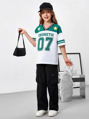 Girl's Jersey Shirts Number Graphic Oversized T-Shirt Boy Short Sleeve V Neck Mesh Tees Kids Sport Jersey in Kuwait