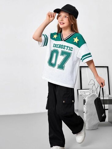 Girl's Jersey Shirts Number Graphic Oversized T-Shirt Boy Short Sleeve V Neck Mesh Tees Kids Sport Jersey in Kuwait