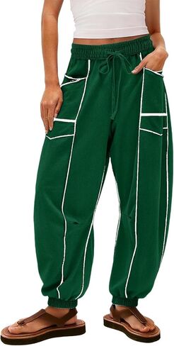 Womens Harem Pants High Elastic Waist Baggy Drawstring Palazzo Trouser with Pockets Color Block Lounge Sweatpants in Saudi Arabia