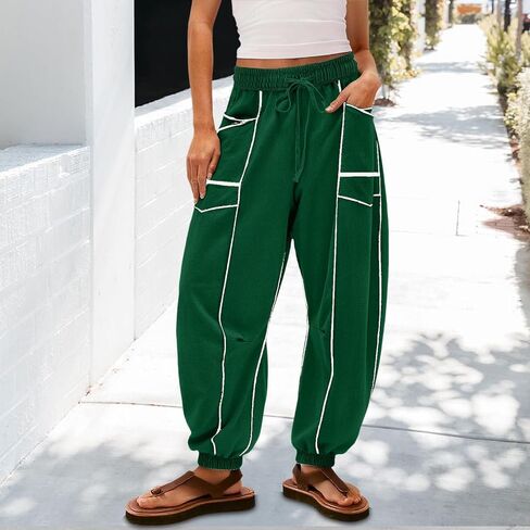 Womens Harem Pants High Elastic Waist Baggy Drawstring Palazzo Trouser with Pockets Color Block Lounge Sweatpants in Saudi Arabia