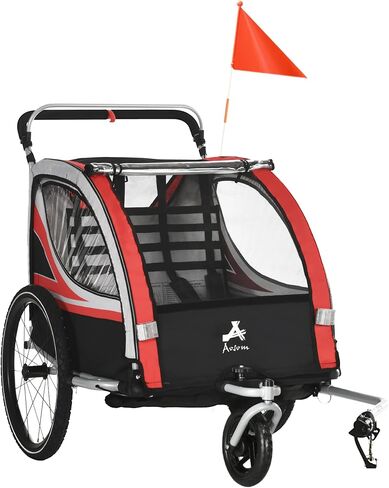 2 in 1 Walk,Ride Child Baby Bike Trailer for 2 Seater, High Visibility Bike Stroller for Toddler Wagon, Weather Strong Double Bicycle Trailer Accessory for Kids, Red in Saudi Arabia