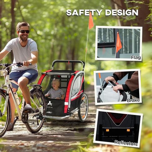 2 in 1 Walk,Ride Child Baby Bike Trailer for 2 Seater, High Visibility Bike Stroller for Toddler Wagon, Weather Strong Double Bicycle Trailer Accessory for Kids, Red in Saudi Arabia