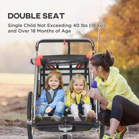 2 in 1 Walk,Ride Child Baby Bike Trailer for 2 Seater, High Visibility Bike Stroller for Toddler Wagon, Weather Strong Double Bicycle Trailer Accessory for Kids, Red in Saudi Arabia
