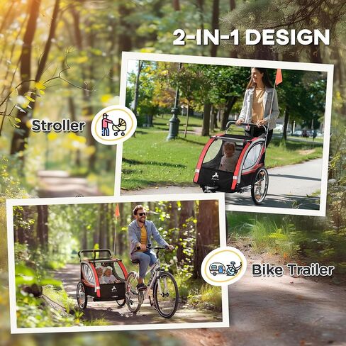 2 in 1 Walk,Ride Child Baby Bike Trailer for 2 Seater, High Visibility Bike Stroller for Toddler Wagon, Weather Strong Double Bicycle Trailer Accessory for Kids, Red in Saudi Arabia