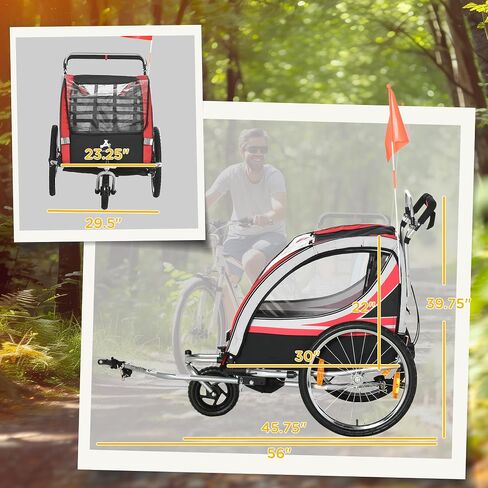 2 in 1 Walk,Ride Child Baby Bike Trailer for 2 Seater, High Visibility Bike Stroller for Toddler Wagon, Weather Strong Double Bicycle Trailer Accessory for Kids, Red in Saudi Arabia