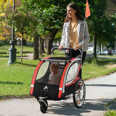 2 in 1 Walk,Ride Child Baby Bike Trailer for 2 Seater, High Visibility Bike Stroller for Toddler Wagon, Weather Strong Double Bicycle Trailer Accessory for Kids, Red in Saudi Arabia