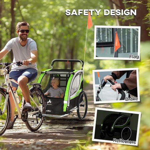 3 in 1 Walk,Jog,Ride Child Baby Bike Trailer for 2 Seater, High Visibility Bike Stroller for Toddler Wagon, Weather Strong Double Bicycle Trailer Accessory for Kids, Green in Saudi Arabia