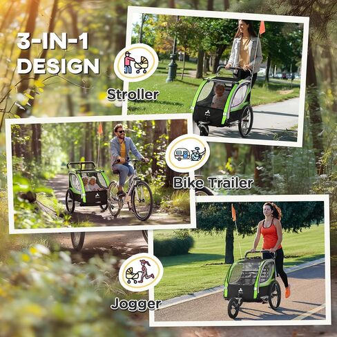 3 in 1 Walk,Jog,Ride Child Baby Bike Trailer for 2 Seater, High Visibility Bike Stroller for Toddler Wagon, Weather Strong Double Bicycle Trailer Accessory for Kids, Green in Saudi Arabia