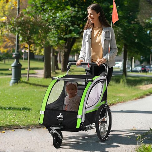 3 in 1 Walk,Jog,Ride Child Baby Bike Trailer for 2 Seater, High Visibility Bike Stroller for Toddler Wagon, Weather Strong Double Bicycle Trailer Accessory for Kids, Green in Saudi Arabia