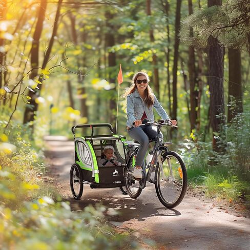 3 in 1 Walk,Jog,Ride Child Baby Bike Trailer for 2 Seater, High Visibility Bike Stroller for Toddler Wagon, Weather Strong Double Bicycle Trailer Accessory for Kids, Green in Saudi Arabia