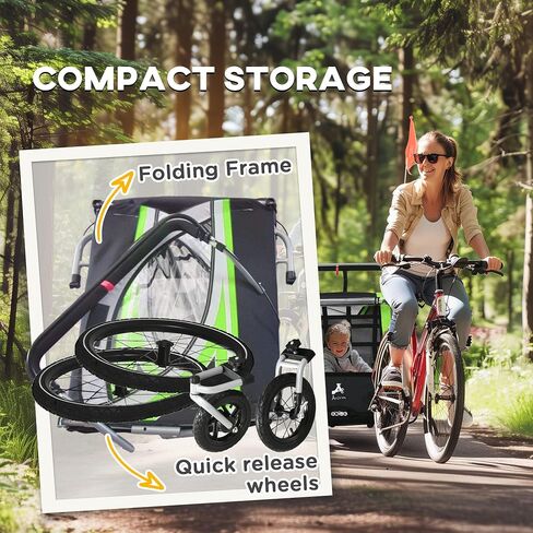 3 in 1 Walk,Jog,Ride Child Baby Bike Trailer for 2 Seater, High Visibility Bike Stroller for Toddler Wagon, Weather Strong Double Bicycle Trailer Accessory for Kids, Green in Saudi Arabia
