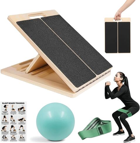 Adjustable Wooden Slant Board for Calf Stretching,Portable Incline Board for Squats, Ankle Mobility and Foot, Calf Stretcher with Resistance Band,Pilates Ball & Training Poster, 300lb Weight Capacity in Saudi Arabia