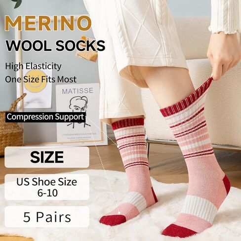Wool Socks for Women - Hiking Womens Socks 5 Pairs, Thermal Sock for Men & Women Winter Warm Moisture Wicking in Kuwait