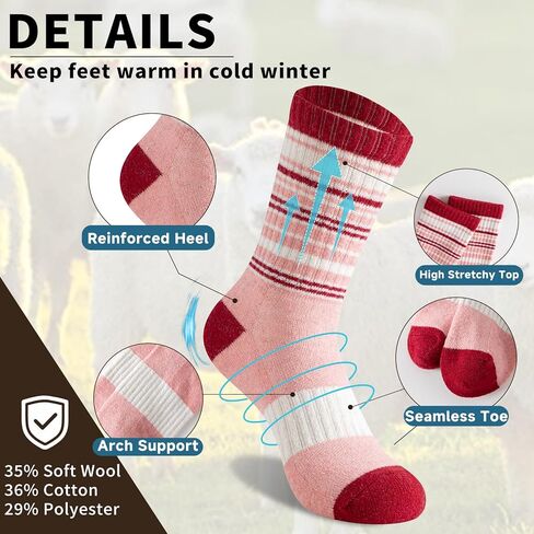 Wool Socks for Women - Hiking Womens Socks 5 Pairs, Thermal Sock for Men & Women Winter Warm Moisture Wicking in Kuwait