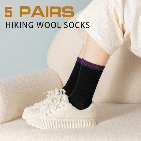 Wool Socks for Women - Hiking Womens Socks 5 Pairs, Thermal Sock for Men & Women Winter Warm Moisture Wicking in Kuwait