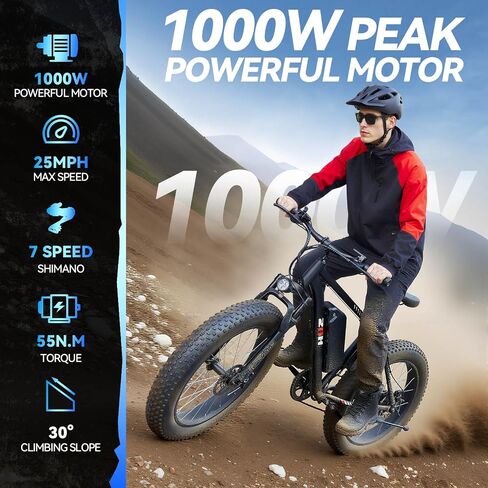 ZNH 750W|1000w دراجة كهربائية للبالغين، بطارية قابلة للإزالة 48 فولت 13 أمبير، 24 بوصة × 4.0 بوصة دراجة إلكترونية بإطار سميك، حتى 80 ميلًا، 7 سرعات، تعليق هيدروليكي، شاشة LCD، معتمد من UL 2849 in Saudi Arabia