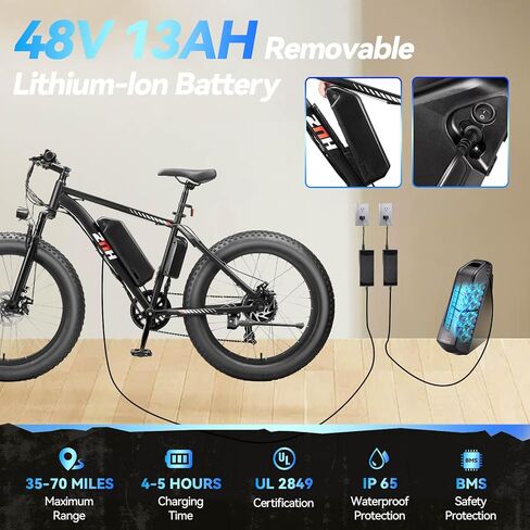 ZNH 750W|1000w دراجة كهربائية للبالغين، بطارية قابلة للإزالة 48 فولت 13 أمبير، 24 بوصة × 4.0 بوصة دراجة إلكترونية بإطار سميك، حتى 80 ميلًا، 7 سرعات، تعليق هيدروليكي، شاشة LCD، معتمد من UL 2849 in Saudi Arabia