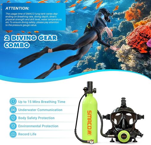 SMACO Mini Scuba Tank with Full Face Diving Mask,Reusable Lung Air Tank Sub Mask S400 Pro 1L Portable Mini Diving Tank Pony Bottle up to 20 Minutes Dive Time for Underwater Exploration Rescue in Saudi Arabia